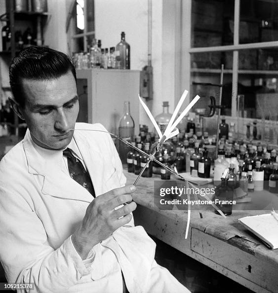 A Biologist Perfumer Performs Tests On Samples Of Fragrance Perfumery Lab In Grasse In The Alpes-Maritimes In March 1949. A Biologist Perfumer Performs Tests On Samples Of Fragrance Perfumery Lab In Grasse In The Alpes-Maritimes In March 1949.