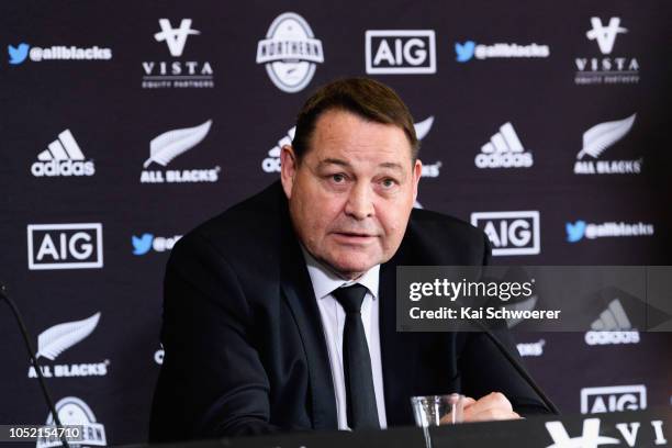 All Black Head Coach Steve Hansen speaks to the media during the New Zealand All Blacks Northern Tour Squad Announcement at Prebbleton Rugby Club on...