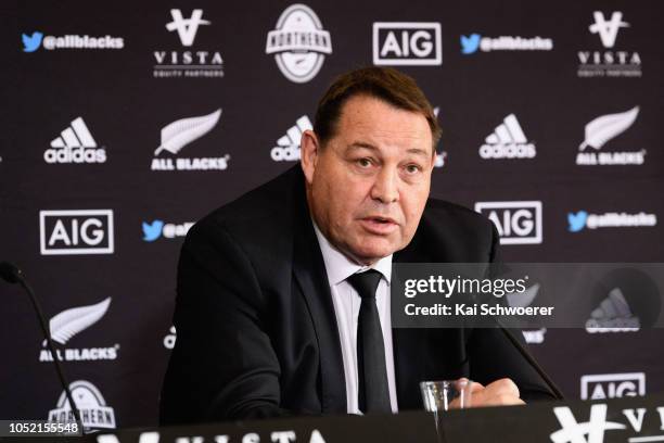 All Black Head Coach Steve Hansen speaks to the media during the New Zealand All Blacks Northern Tour Squad Announcement at Prebbleton Rugby Club on...