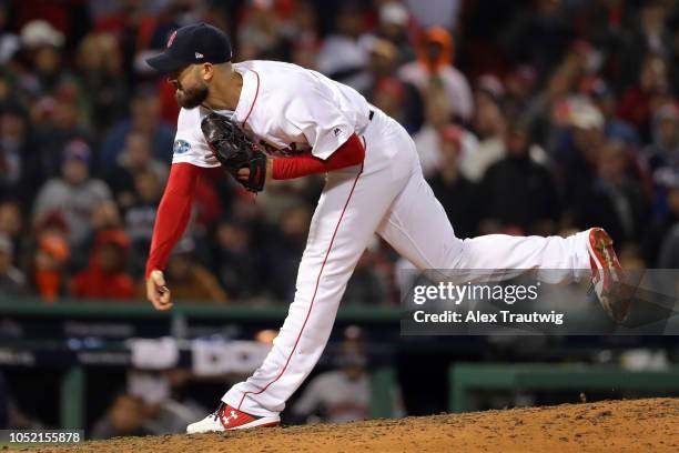 Rick Porcello of the Boston Red Sox pitches during Game 2 of the ALCS against the Houston Astros at Fenway Park on Sunday, October 14, 2018 in...