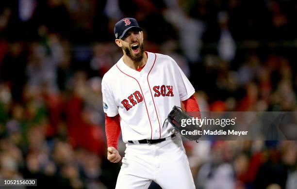 Rick Porcello of the Boston Red Sox celebrates after retiring the side in the top of the eighth inning against the Houston Astros in Game Two of the...