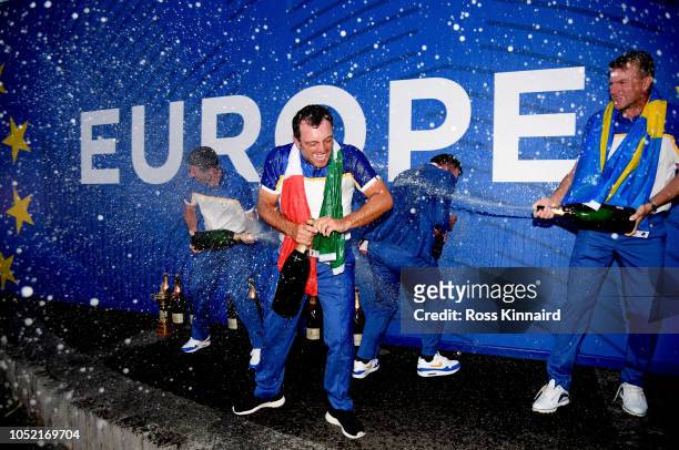 Francesco Molinari of Europe celebrates after winning The Ryder Cup during singles matches of the 2018 Ryder Cup at Le Golf National on September 30,...