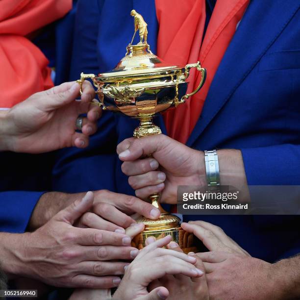 Team Europe celebrate after winning The Ryder Cup after the singles matches of the 2018 Ryder Cup at Le Golf National on September 30, 2018 in Paris,...