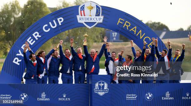 Team Europe celebrate after winning The Ryder Cup after the singles matches of the 2018 Ryder Cup at Le Golf National on September 30, 2018 in Paris,...