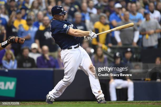 Erik Kratz of the Milwaukee Brewers at bat during Game Two of the National League Divisional Series against the Colorado Rockies at Miller Park on...