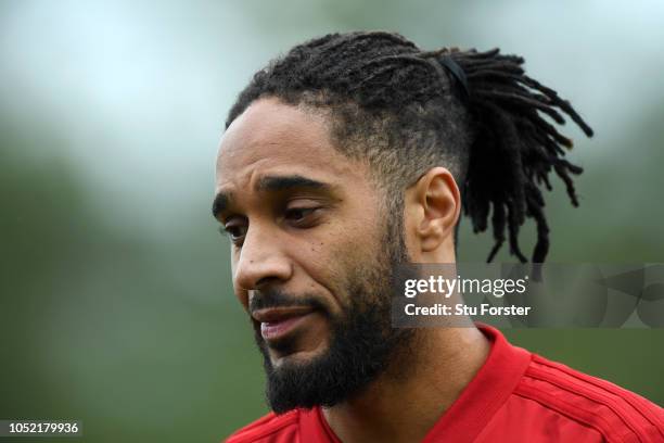 Ashley Williams of Wales looks on during a Wales training session at Vale Resort on October 15, 2018 in Cardiff, Wales.