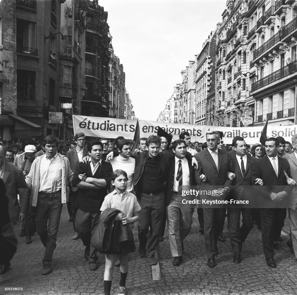 May 1968: Parade Of Trade Unions With Geismar, Sauvageot, Cohn-Bendit, Descamps And Seguy