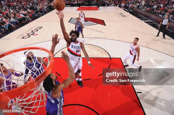 Caleb Swanigan of the Portland Trail Blazersp shoots the ball against the Sacramento Kings on October 12, 2018 at the Moda Center Arena in Portland,...