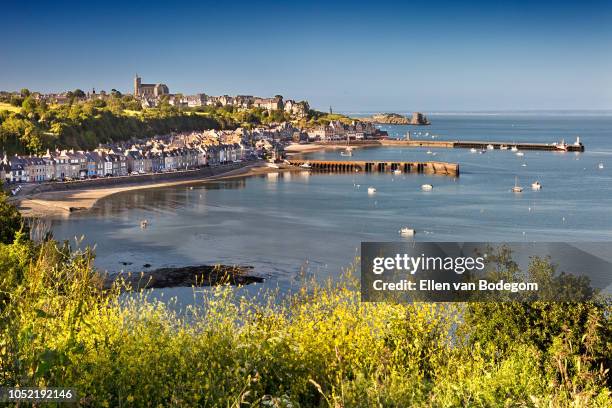 elevated view over cancale, a touristic seaside resort situated on the coast of the english channel, at high tide - cancale bildbanksfoton och bilder