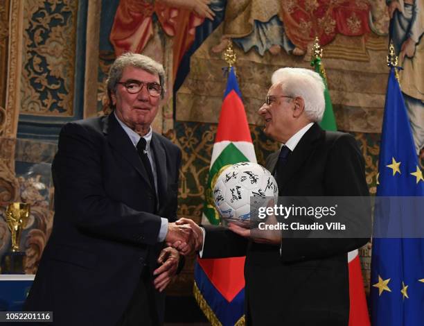 President Sergio Mattarella greets Dino Zoff during Italy Team meets President Sergio Mattarella on October 15, 2018 in Rome, Italy.