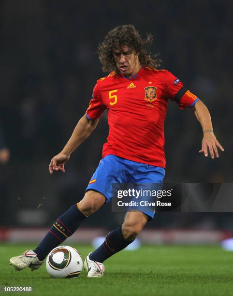 Carles Puyol of Spain during the UEFA EURO 2012 Group I qualifying match between Scotland and Spain at Hampden Park on October 12, 2010 in Glasgow,...