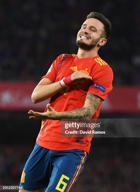 Saul Niguez of Spain reacts during the UEFA Nations League A Group Four match between Spain and England at Estadio Benito Villamarin on October 15,...