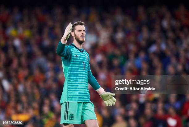 David de Gea of Spain reacts during the UEFA Nations League A Group Four match between Spain and England at Estadio Benito Villamarin on October 15,...