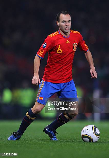 Andres Iniesta of Spain during the UEFA EURO 2012 Group I qualifying match between Scotland and Spain at Hampden Park on October 12, 2010 in Glasgow,...