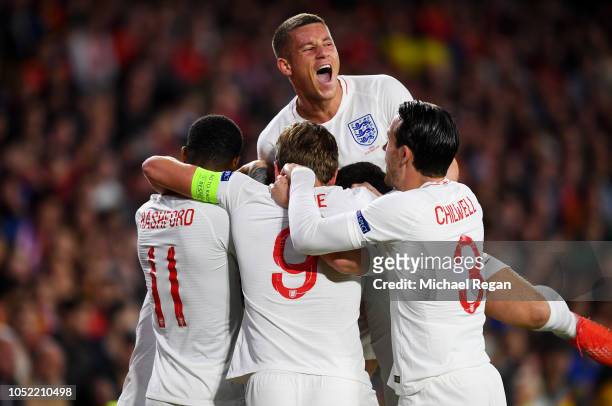 Ross Barkley of England celebrates with team mates as as Raheem Sterling of England scores his team's first goal during the UEFA Nations League A...