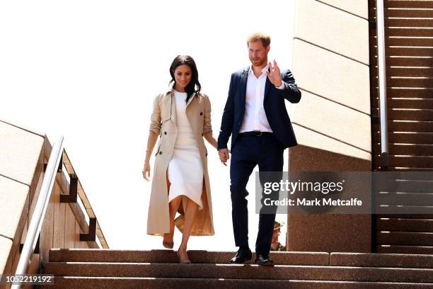 Prince Harry, Duke of Sussex and Meghan, Duchess of Sussex arrive at the Sydney Opera House on October 16, 2018 in Sydney, Australia. The Duke and...