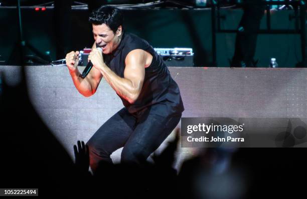 Chayanne is seen performing on stage during the 'Desde El Alma Tour 2018' concert at American Airlines Arena on October 14, 2018 in Miami, Florida.