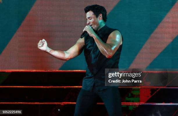 Chayanne is seen performing on stage during the 'Desde El Alma Tour 2018' concert at American Airlines Arena on October 14, 2018 in Miami, Florida.