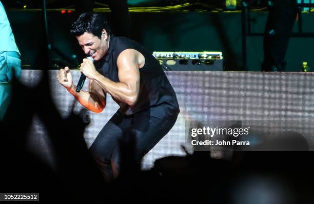 Chayanne is seen performing on stage during the 'Desde El Alma Tour 2018' concert at American Airlines Arena on October 14, 2018 in Miami, Florida.