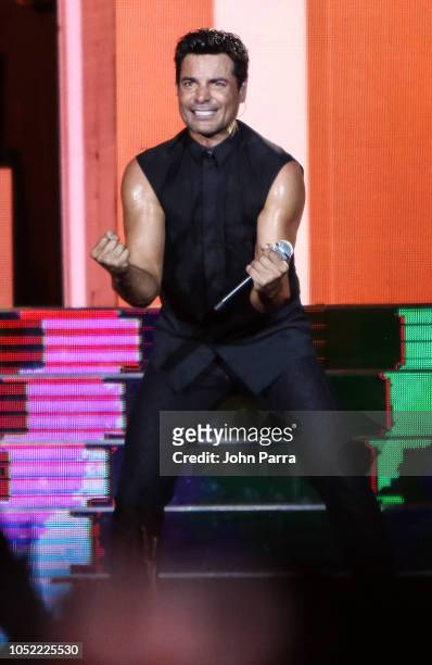 Chayanne is seen performing on stage during the 'Desde El Alma Tour 2018' concert at American Airlines Arena on October 14, 2018 in Miami, Florida.