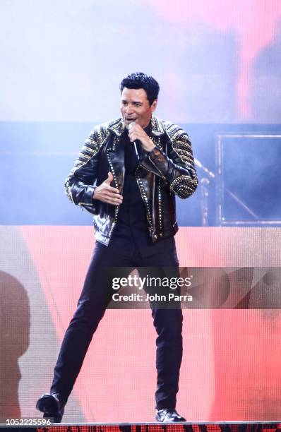 Chayanne is seen performing on stage during the 'Desde El Alma Tour 2018' concert at American Airlines Arena on October 14, 2018 in Miami, Florida.