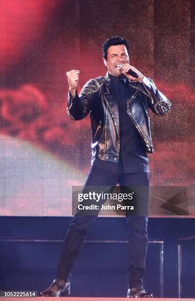 Chayanne is seen performing on stage during the 'Desde El Alma Tour 2018' concert at American Airlines Arena on October 14, 2018 in Miami, Florida.