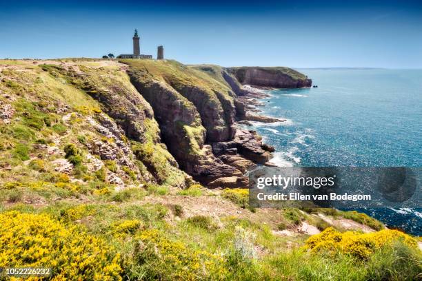 panoramic view over the english channel and cliffs and lighthouse of cap fréhel, near plévenon - bretagne photos et images de collection