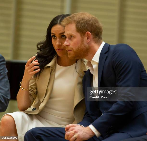 Prince Harry, Duke of Sussex and Meghan, Duchess of Sussex watch a rehearsal of Spirit 2018 by the Bangarra Dance Theatre at the Sydney Opera House...