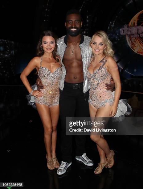 Scarlett Byrne, Keo Motsepe and Evanna Lynch pose at "Dancing with the Stars" Season 27 at CBS Televison City on October 15, 2018 in Los Angeles,...