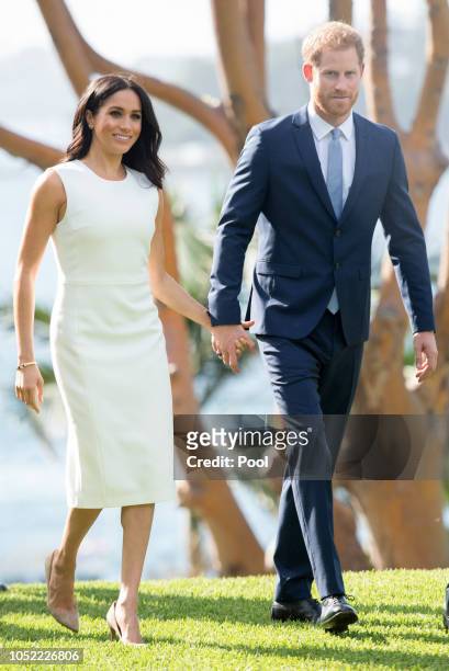 Prince Harry, Duke of Sussex and Meghan, Duchess of Sussex visit Admiralty House on October 16, 2018 in Sydney, Australia. The Duke and Duchess of...
