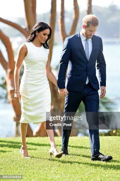 Prince Harry, Duke of Sussex and Meghan, Duchess of Sussex visit Admiralty House on October 16, 2018 in Sydney, Australia. The Duke and Duchess of...