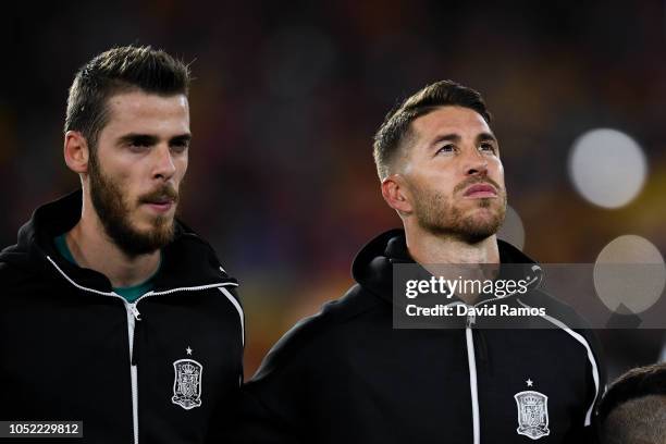 David De Gea and Sergio Ramos of Spain look on during the UEFA Nations League A group Four match between Spain and England at Estadio Benito...