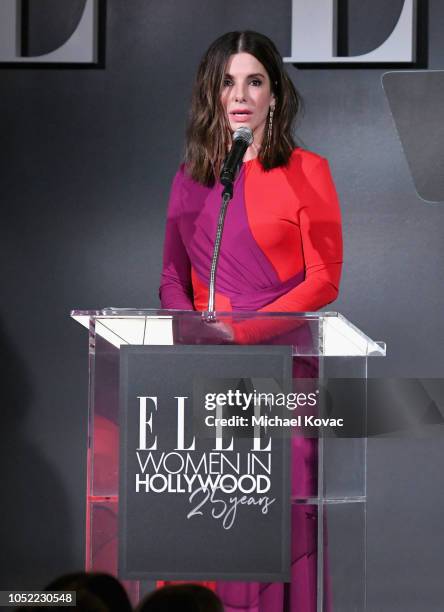 Sandra Bullock speaks onstage during ELLE's 25th Annual Women In Hollywood Celebration presented by L'Oreal Paris, Hearts On Fire and CALVIN KLEIN at...