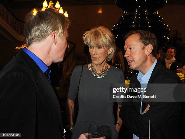 Philip Treacy, Joanna Trollope, and Geordie Greig attend the global launch of Vertu Constellation Quest at Lancaster House on October 12, 2010 in...