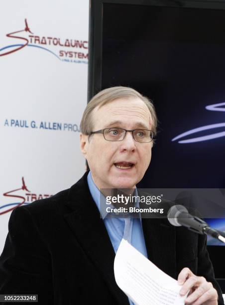 Paul Allen, co-founder of Microsoft Corp., speaks at a news conference for the launch of his new venture Stratolaunch Systems Inc. In Seattle,...