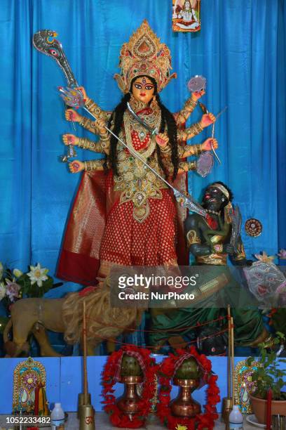Idol the Goddess Durga during the Durga Puja festival at a pandal in Mississauga, Ontario, Canada, on October 14, 2018. Hundreds of Bengalis attended...