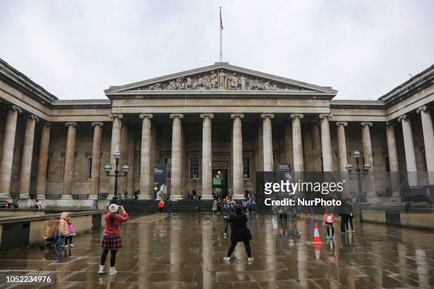 The British Museum in London, England. Exterior images of the main entrance of the museum with the ancient Greek style architecture. The museum has a...