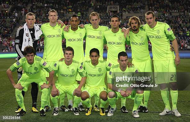 Members of the Seattle Sounders FC pose for the team photo prior to the game against Chivas de Guadalajara on October 12, 2010 at Qwest Field in...