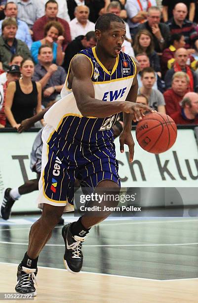 Rickey Paulding of Oldenburg controls the ball during the Basketball Bundesliga match between Artland Dragons and EWE Baskets Oldenburg at the...