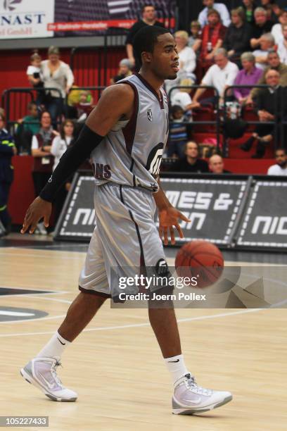 Bryan Bailey of Quakenbrueck controls the ball during the Basketball Bundesliga match between Artland Dragons and EWE Baskets Oldenburg at the...