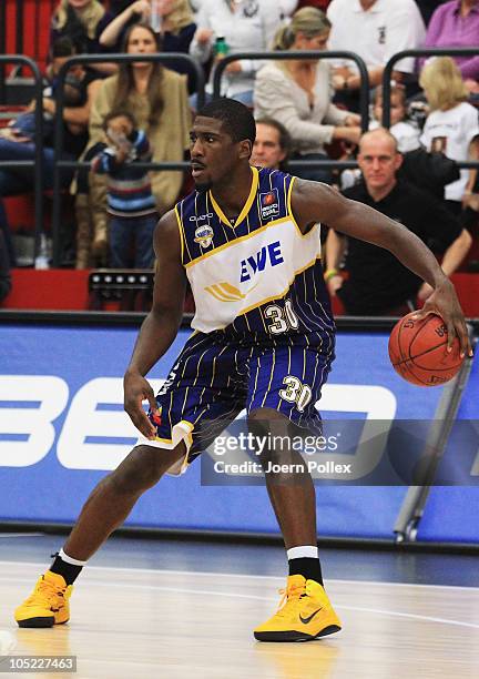 Steven Smith of Oldenburg controls the ball during the Basketball Bundesliga match between Artland Dragons and EWE Baskets Oldenburg at the Artland...