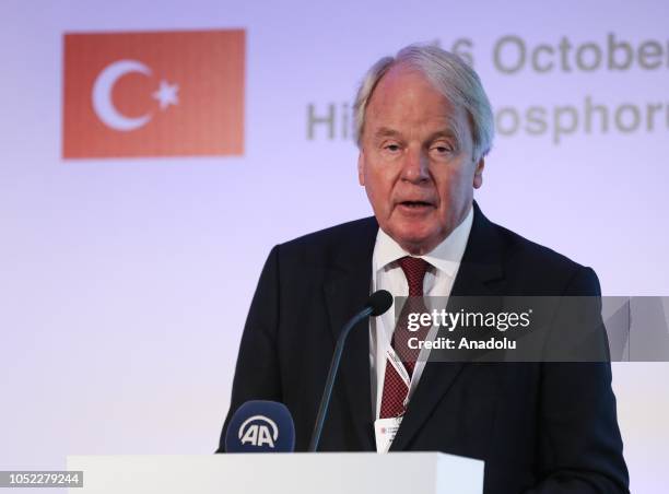 Turkey-UK Trade Envoy Lord Janvrin speaks during the 9th UK-Turkey Business Forum at Hilton Bosphorus Hotel in Istanbul, Turkey on October 16, 2018.