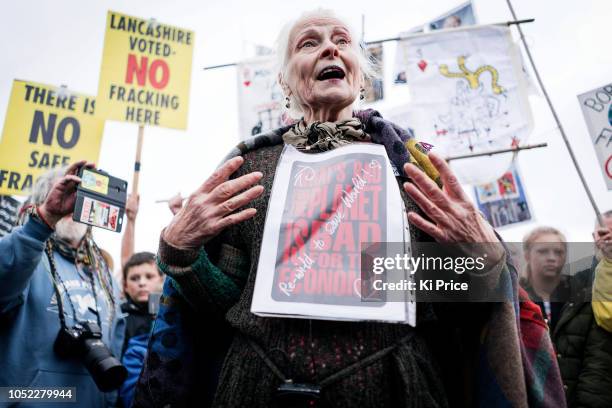 Vivienne Westwood protests outside Preston New Road Cuadrilla fracking site on October 16, 2018 in Preston, England.