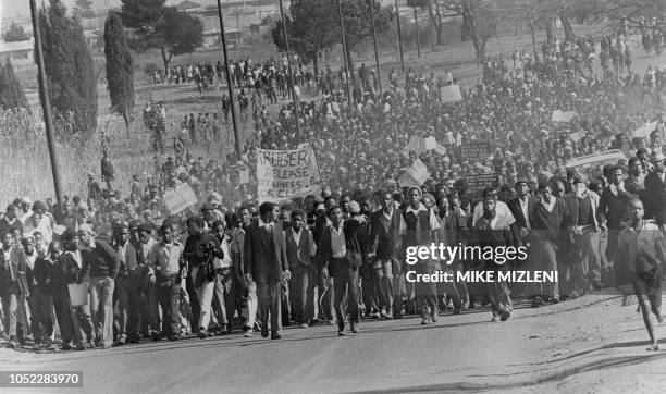 Black students demonstrate in protest against having to use Afrikaans language at school, in Soweto, in August 1976. After violent clashes in Soweto...