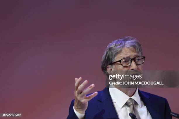 Bill Gates, founder of Microsoft and the Bill & Melinda Gates Foundation, addresses guests during the World Health Summit in Berlin on October 16,...