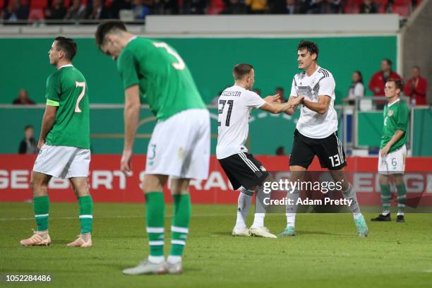 Jani Serra of Germany U21 celebrates with teammate Johannes Eggestein after scoring his team's first goal during the 2019 UEFA Under21 European...