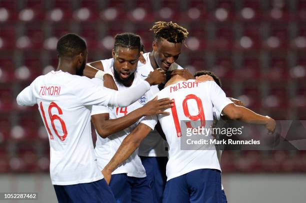 Reiss Nelson of England U21 celebrates with teammates after scoring his team's first goal during the 2019 UEFA European Under-21 Championship...