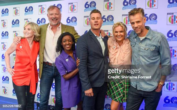 Anthea Turner, John Leslie, Diane-Louise Jordan, Tim Vincent, Katy Hill and Richard Bacon attend the 'Blue Peter Big Birthday' celebration at BBC...