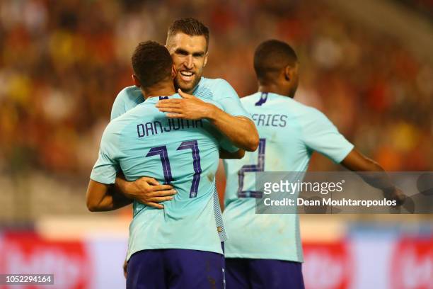Arnaut Groeneveld of the Netherlands celebrates with teammate Kevin Strootman after scoring his team's first goal during the International Friendly...