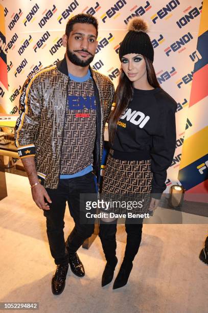 Amir Khan and Faryal Makhdoom attend the FENDI MANIA Collection Launch on October 16, 2018 in London, England.
